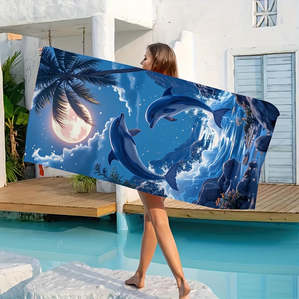 Roaming Dolphins Microfiber Bath Towel Quick-Dry Super Absorbent Soft Touch with Tropical Dolphin Palm Tree Design