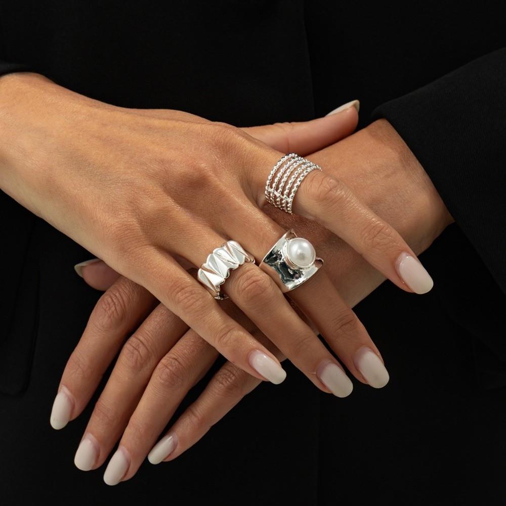 Heart Shaped Joint Rings Inlaid Pearls Women Jewelry Vintage Wide Ring Set  Party