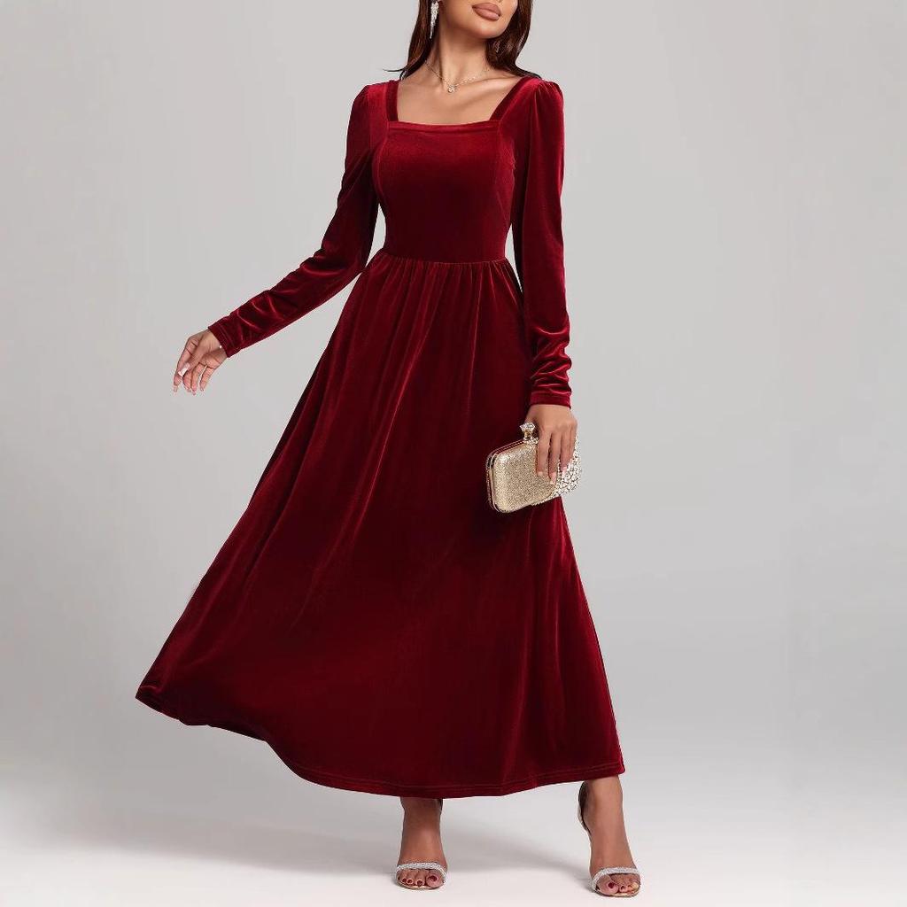 2025 Herbst/Winter Roter Samt Abendkleid - Europäischer und Amerikanischer Stil