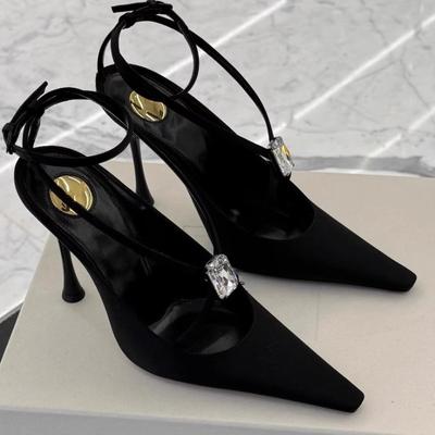 High Heels New Spring Temperament Small Square Toe Crystal Buckle Straight Strap Stiletto Wrapped Head Sandals