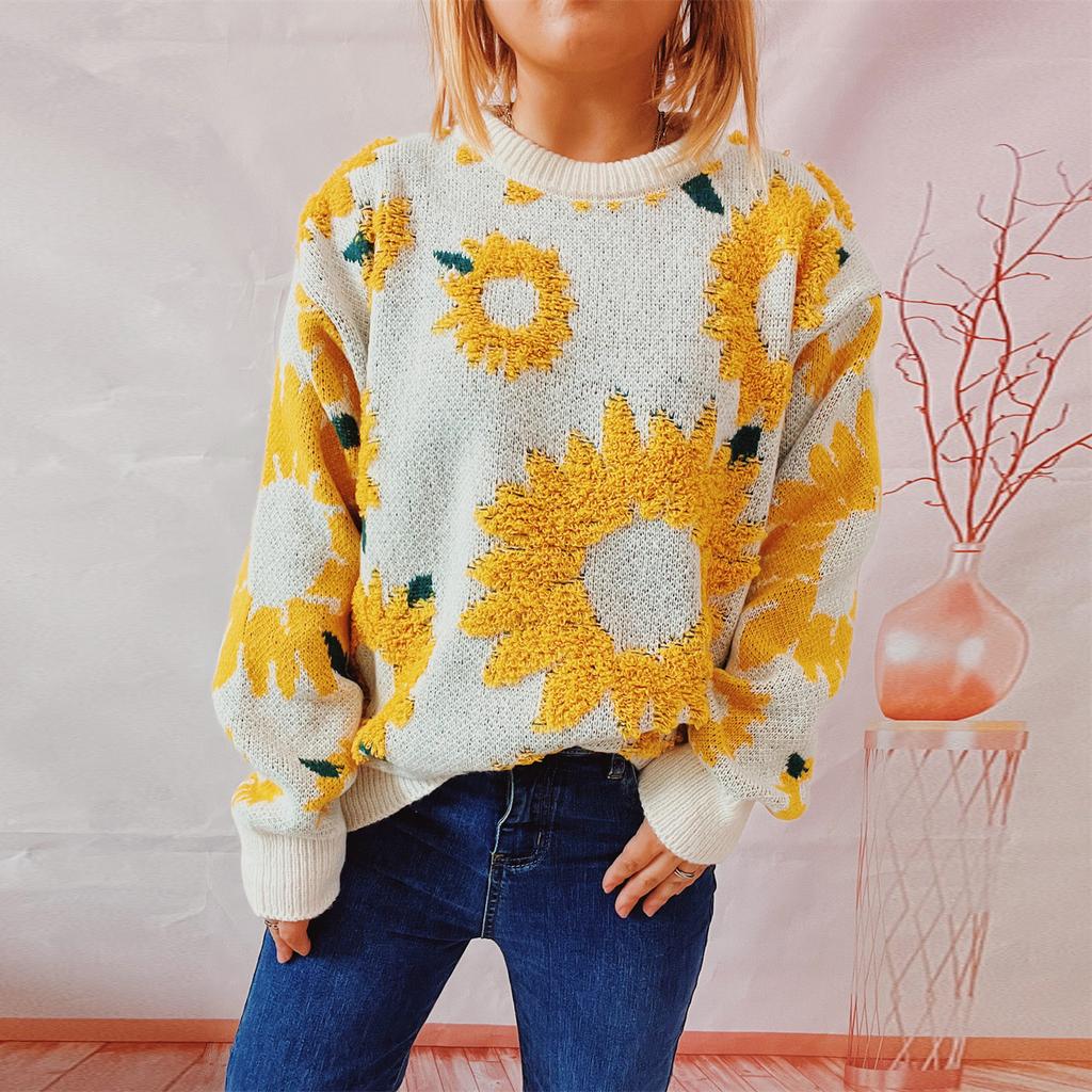 Autumn and winter new top sunflower jacquard round neck long sleeved knitted pullover sweater for women 3589
