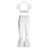 Girls Performance Costume Short Sleeve Mesh Patchwork Cutout Back Sequins Crop Top Sequin Zipper Bell Bottomed Pants