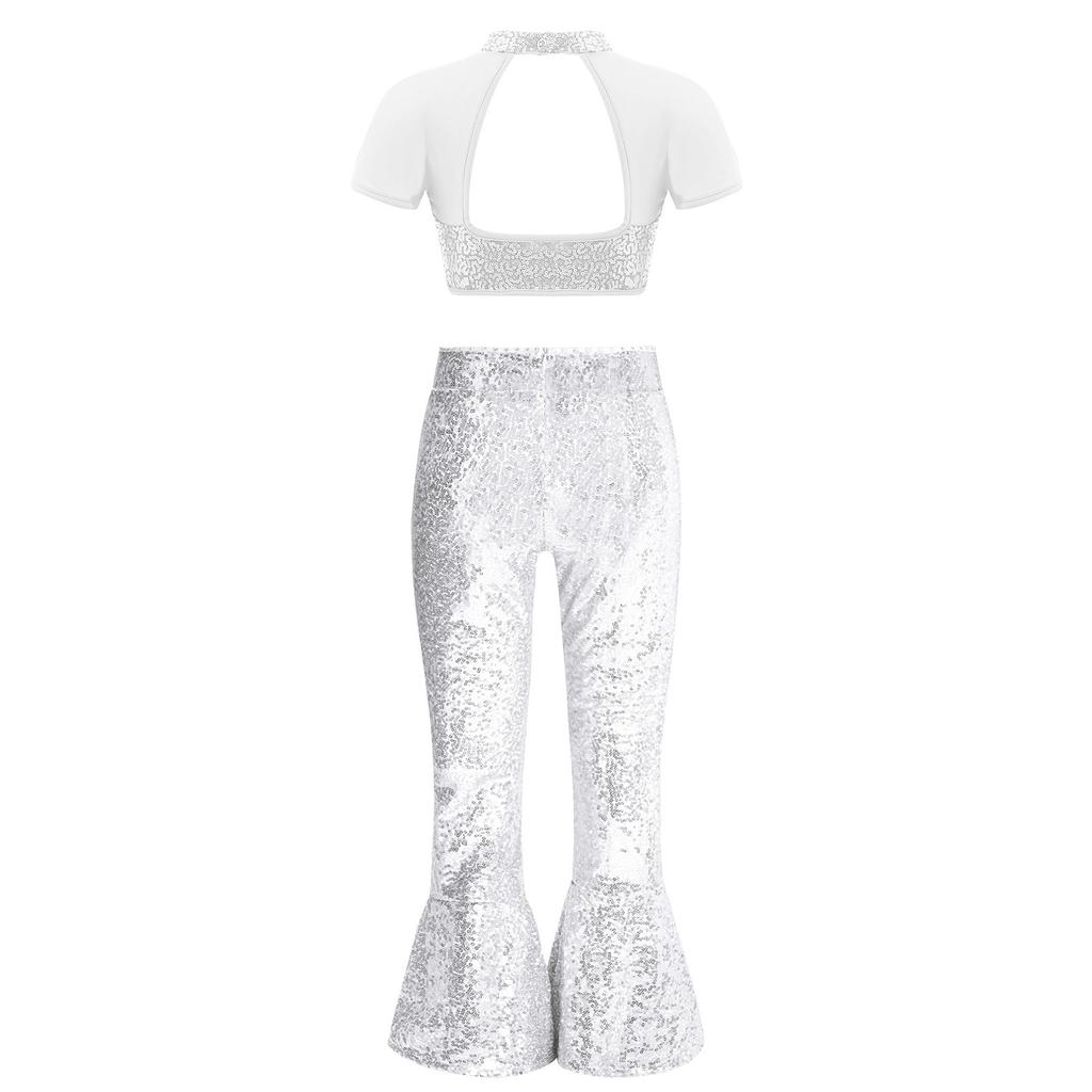 Girls Performance Costume Short Sleeve Mesh Patchwork Cutout Back Sequins Crop Top Sequin Zipper Bell Bottomed Pants
