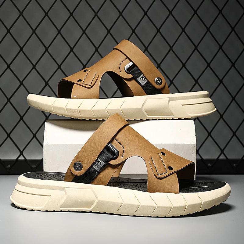 Fashion Men's Summer Fashion Sandals Thick Bottom Anti-slip Casual Beach Shoes Soft Leather Breathable Two-use Slippers