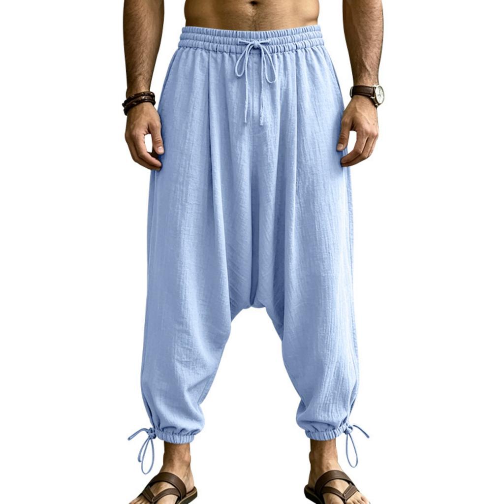 Męskie lniane spodnie joggery z obniżonym krokiem i ściągaczem w pasie na wakacje na plaży i do codziennego letniego ubioru