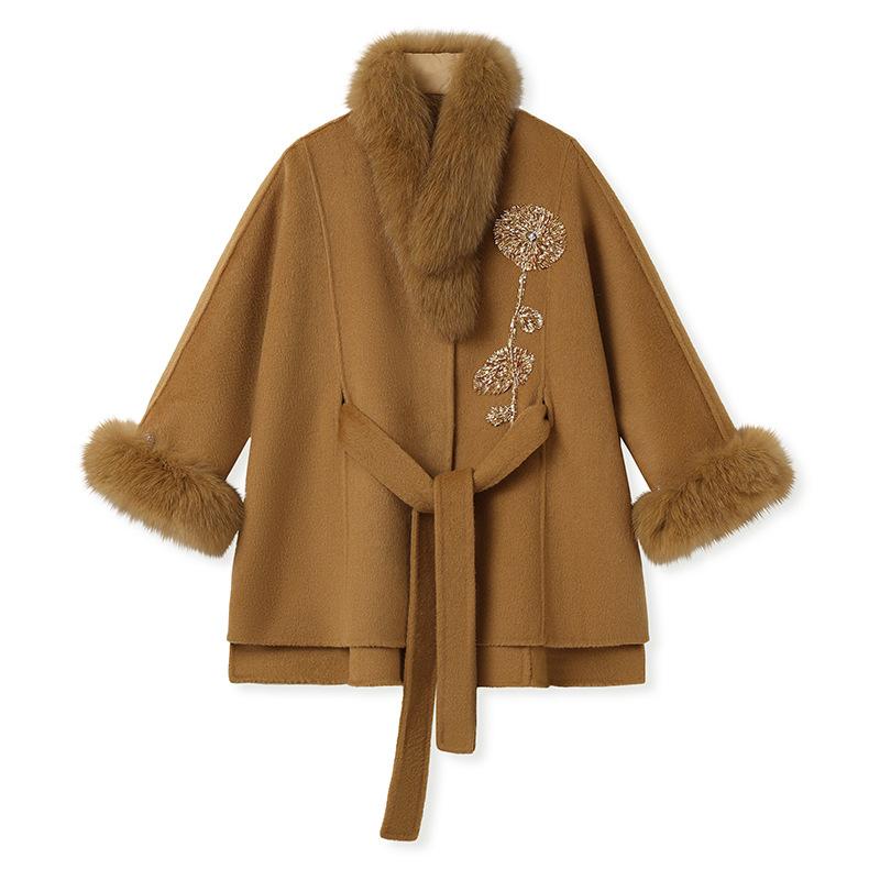 Winter new Chinese double-sided woolen fox fur coat high-end new heavy industry embroidered woolen coat women S верблюд
