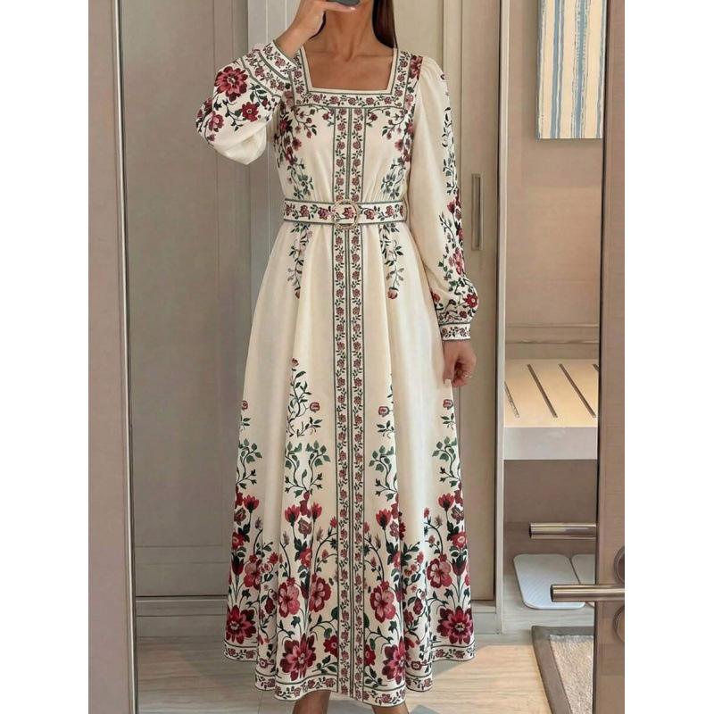 European goods gentle style temperament elegant commuter flower print long loose and thin dress women S