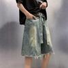 Summer Thin Washed Retro Denim Shorts Men's American Loose Trendy High Street Ruffian Handsome Wide-leg Rough-edge Five-point Pants