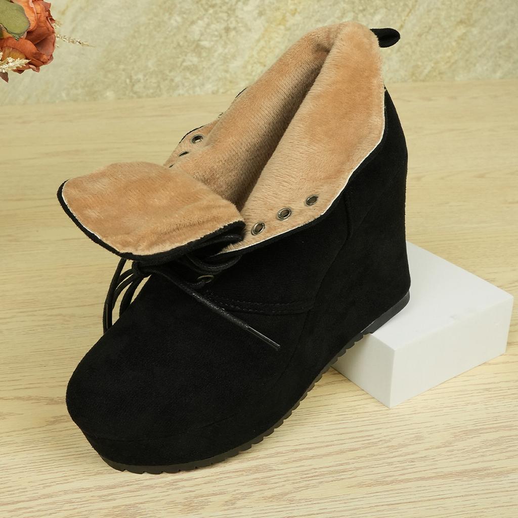 European and American Large Size Suede Lace-up Wedge Heel and Naked Short Boots Women's Winter Velvet Warm Wedge Heel Martin Boots