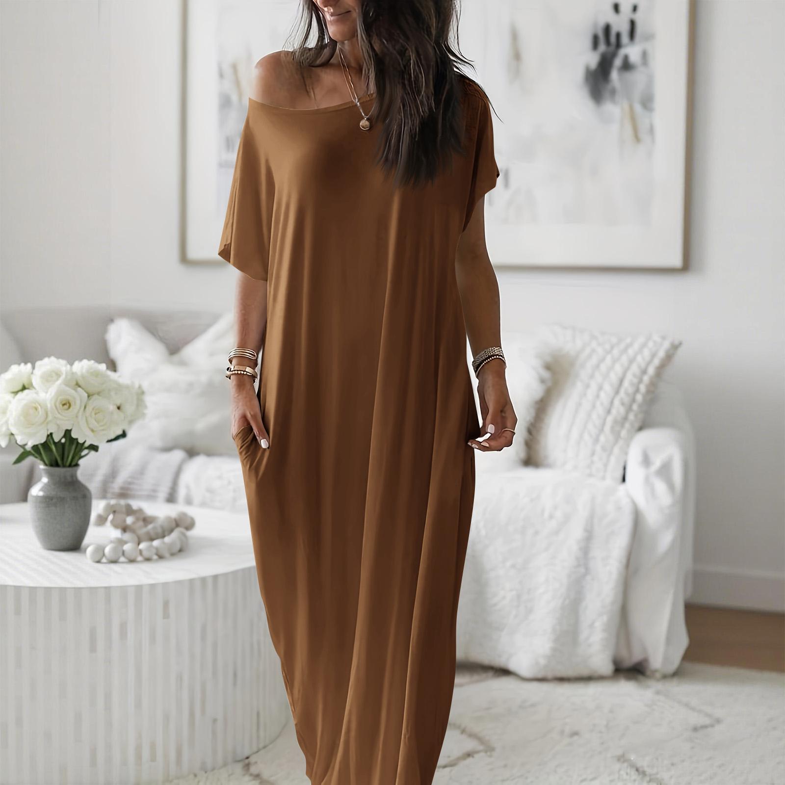 

Women’s Off Shoulder Loose Maxi Dress Short Sleeve Casual Long Dress with Pockets Soft Lightweight Material Relaxed Fit L коричневый