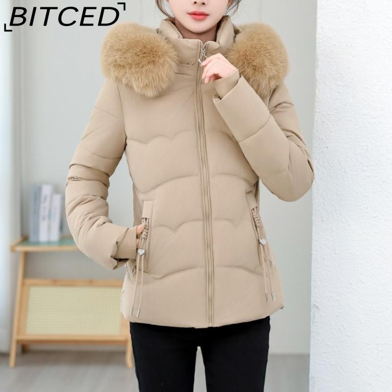BITCED Winter Cotton Coat Slim-Fit Women's Short-Length Wool-Fur Collar Cotton Jacket Warm Cold-Resistant Cotton Coat