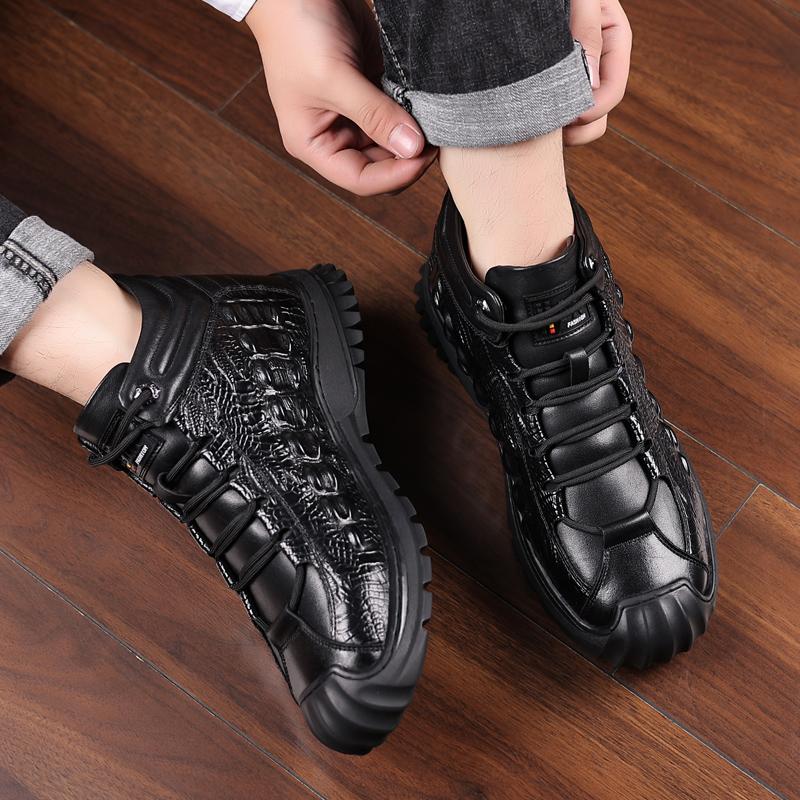 Fashion Men's Casual Shoes Fashion Genuine Leather Crocodile Print Sneakers Leather Shoes Luxury Designers Wool Inside Warm Snow Boots