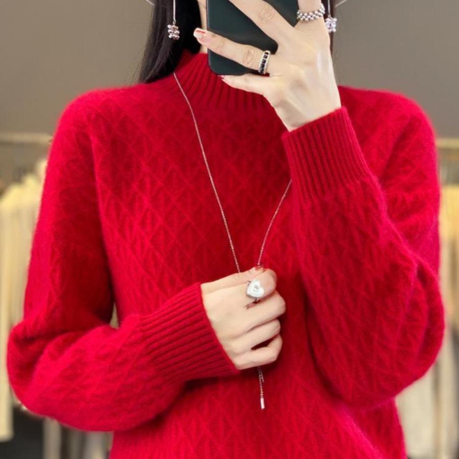 

Мягкий вязаный свитер с полувысоким воротом для женщин, длинный рукав, пуловер, основа, короткие свитера One Size красный