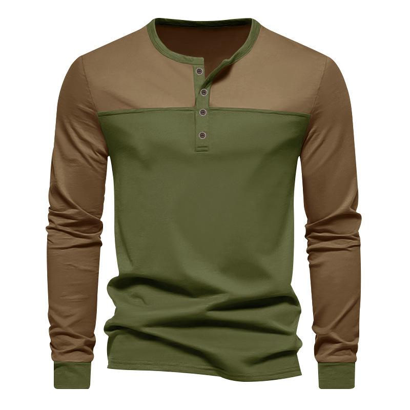 Men's Autumn New American Retro Long-sleeved Colour Blocking Henry Collar Bottoming Shirt Men's T-shirt