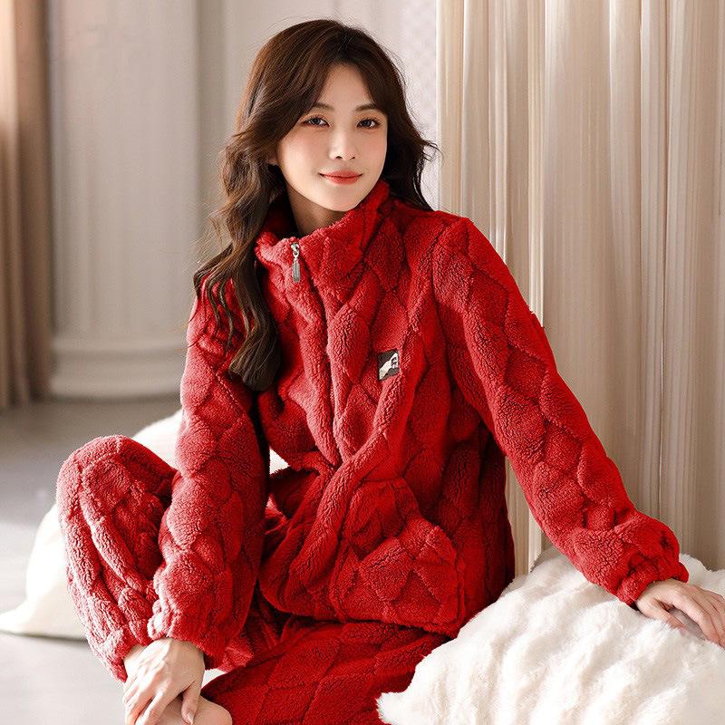 Pajama Women's Autumn/Winter Coral Velvet Set New Women's Flannel and Fleece Thickened Warm Home Wear
