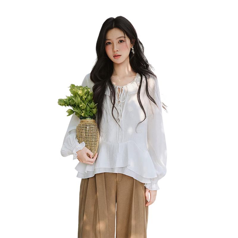 

Mixiu French Retro Ruffle V-Neck Blouse