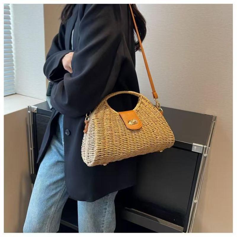 New Summer Straw Woven Bag Women's Handwoven Bag Versatile Messenger Bag Portable Tote Straw Bag Holiday Beach Bag