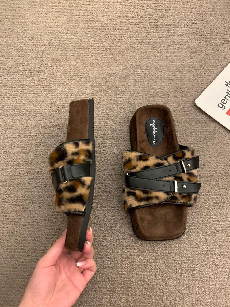 

2024 autumn new outer wear leopard print hair towing cotton shoes comfortable casual flat shoes evening breeze gentle thick sole hair shoes 40 леопард друку кольору