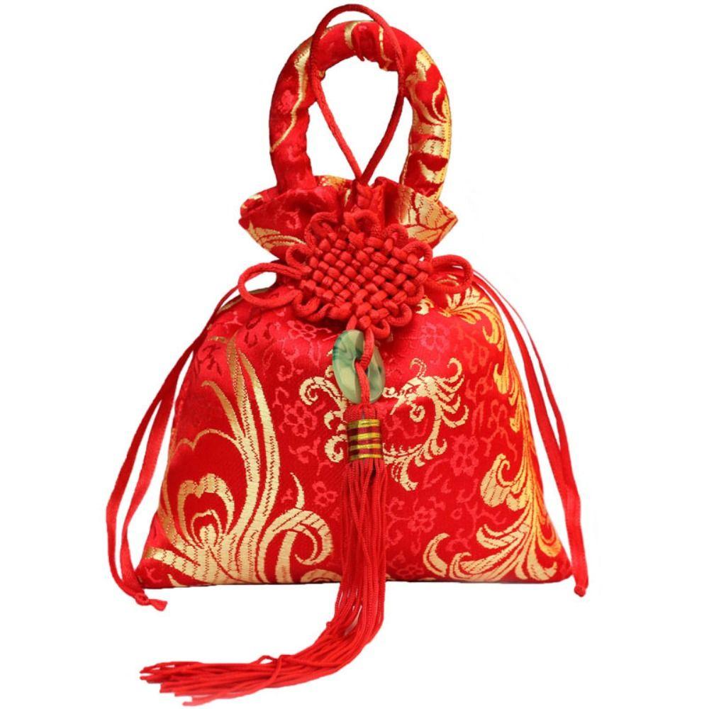 Large Capacity Canvas Flower Drawstring Bag Chinese Style Festive Sugar Bag Party