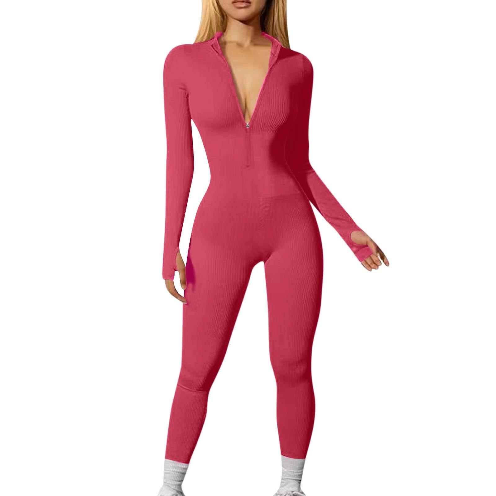 

Жіночий однотонний спортивний повсякденний комбінезон з довгими рукавами і блискавкою, довгі брюки, обтягуючі M