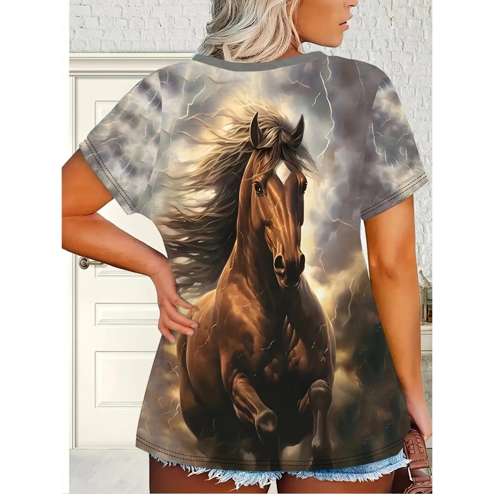 Plus Size Casual Crew Neck Short Sleeve Tiger Horse Animal Print T-Shirt - Soft Stretch Polyester Fabric Spring and Summer Womens Relaxed Fit Clothing