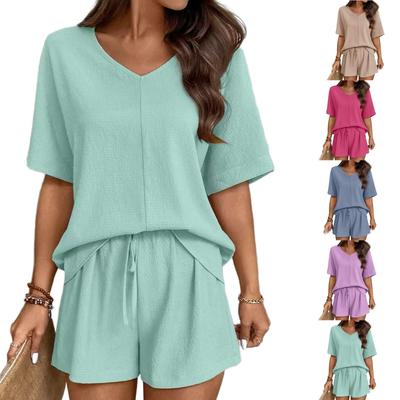 Damen Freizeit Casual Kurzarm Top Schnür-Shorts Set