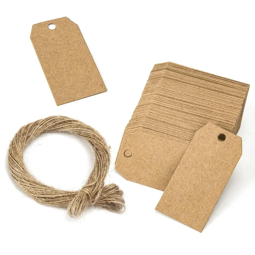 100 Pcs Kraft Paper Tags Brown Cardboard Cards With Strings Wedding Birthday Christmas Party Gifts Tag Cookie Packaging Supplies