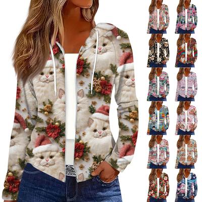 Damenmode Weihnachts-Print Lässige Kapuzenjacke mit Reißverschluss und langen Ärmeln
