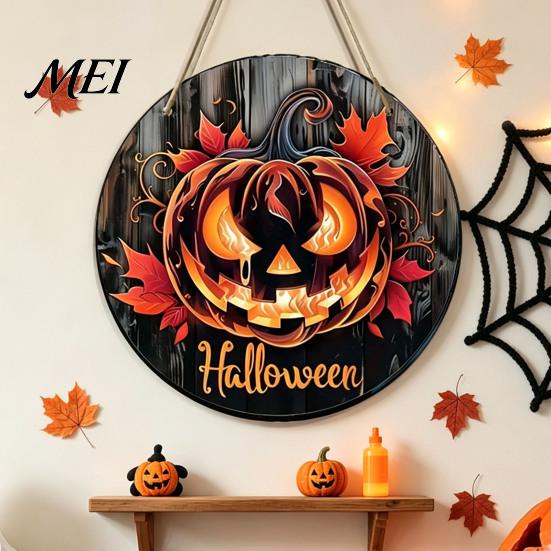 Rustic Fall Wall Plaque Halloween Wooden Door Hanger Sign, Flame Pumpkin Maple Leaf Printed Round Hanging Plaque, Vintage Style Holiday Sign