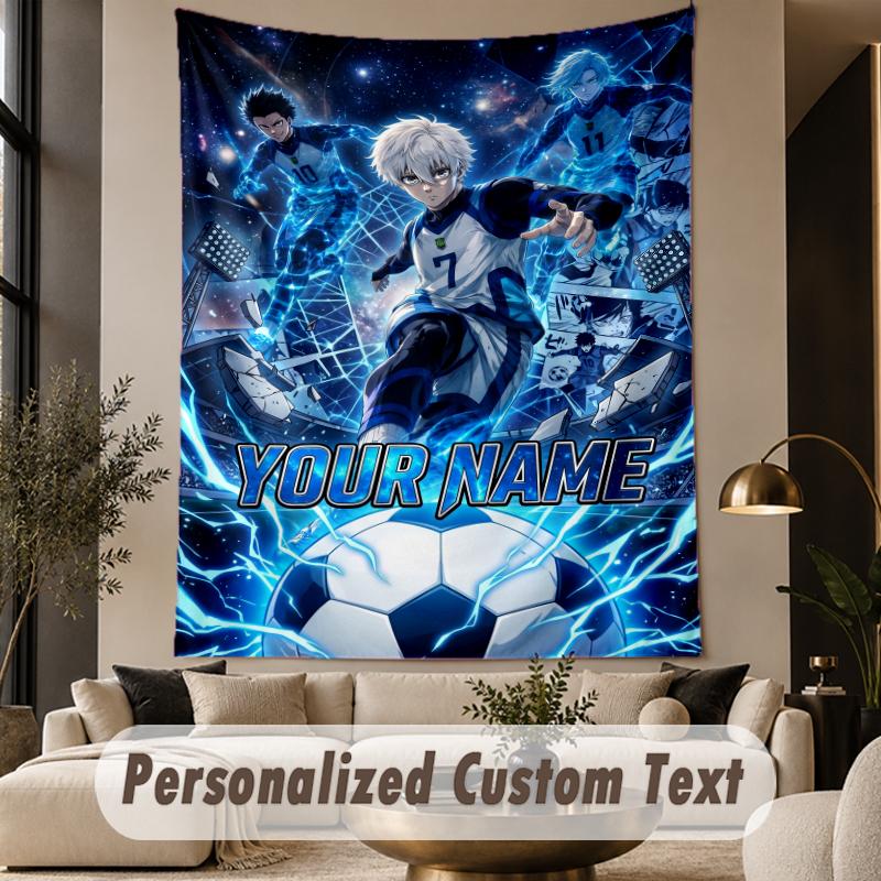 Custom Text Printed Tapestry Blue Lock Pattern Large Wall Hanging Indoor Room Decor