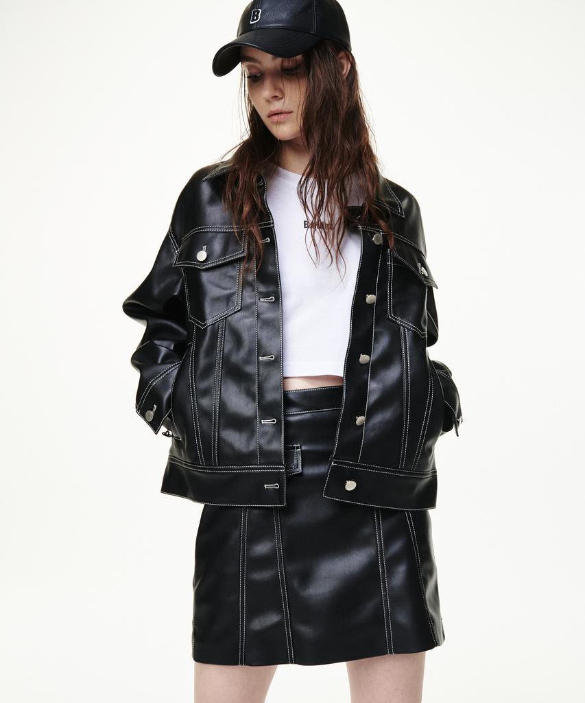 Bikwaieos Faux Leather Pocket Mini Skirts_Black