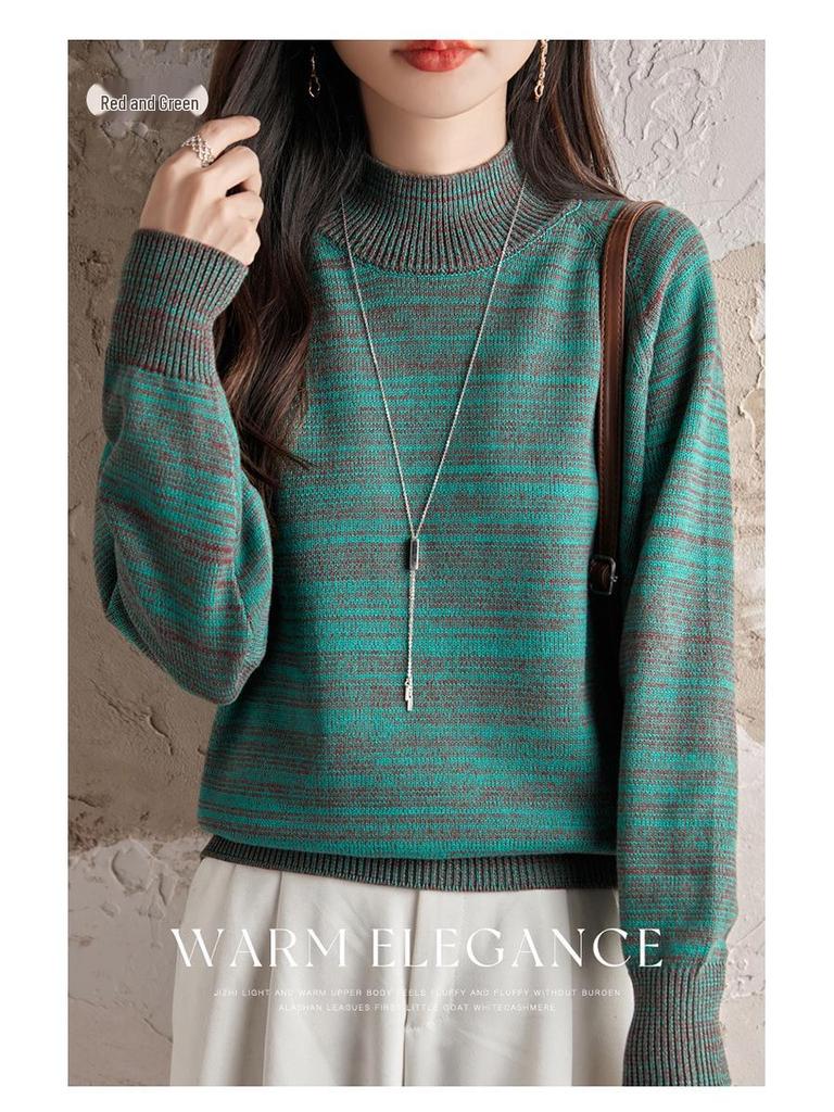 Pulover Gros de Bumbac pentru Femei Toamnă/Iarnă 2025: Cămașă Tricotată Caldă pentru Navetă, Guler Semi-Înalt, Croială Largă