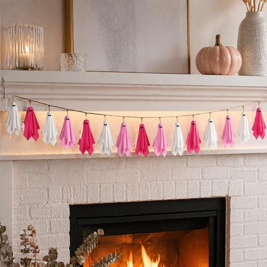 Whimsical Halloween Ghost Set Hanging Decor, Pastel Pink White Soft Matte Finish Pendant Fabric Ornaments, Cute Spooky Party Home Decor Aesthetic