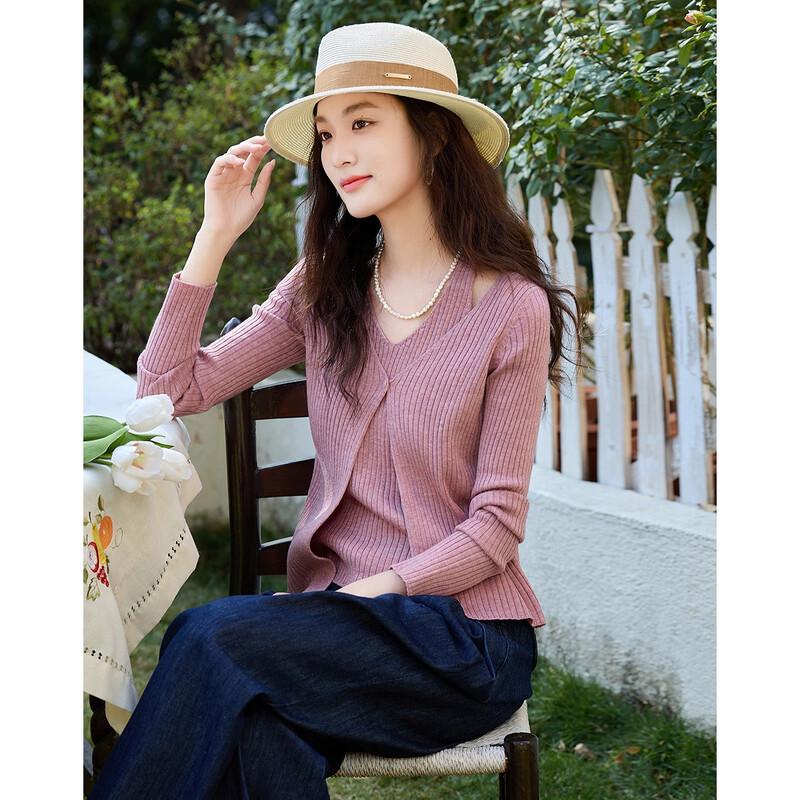 Women's V-Neck Faux Two-Piece Wool Blend Knit Cardigan
