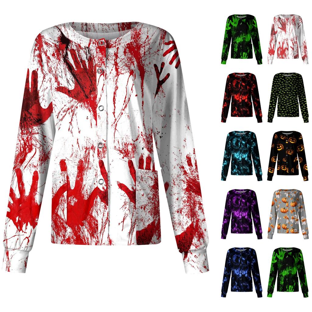 Damen Casual Mode Einreihig Halloween Grafik Bedruckt Krankenpfleger Oberteile