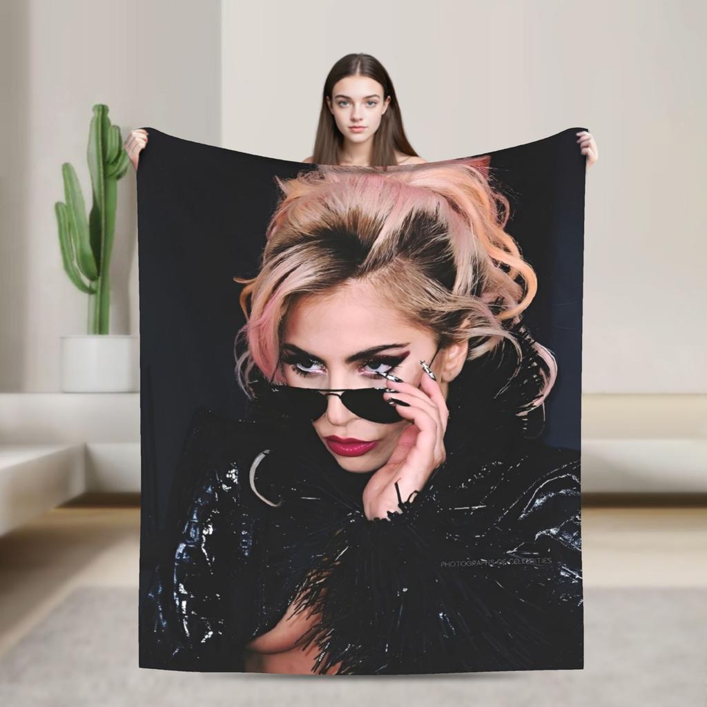 Lady Singer Rock Album Gagas Knitted Fashion Blankets Y2K Tour Flannel Throw Fashion Blanket Rug Piece Ultra-Soft Warm Bedspread Multifuncti