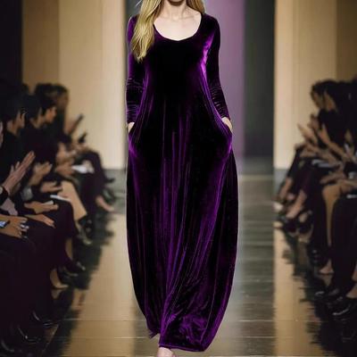 Damen Langarm Rundhals Gold Samt Elegant Lang Kleid Kleidung Verkauf