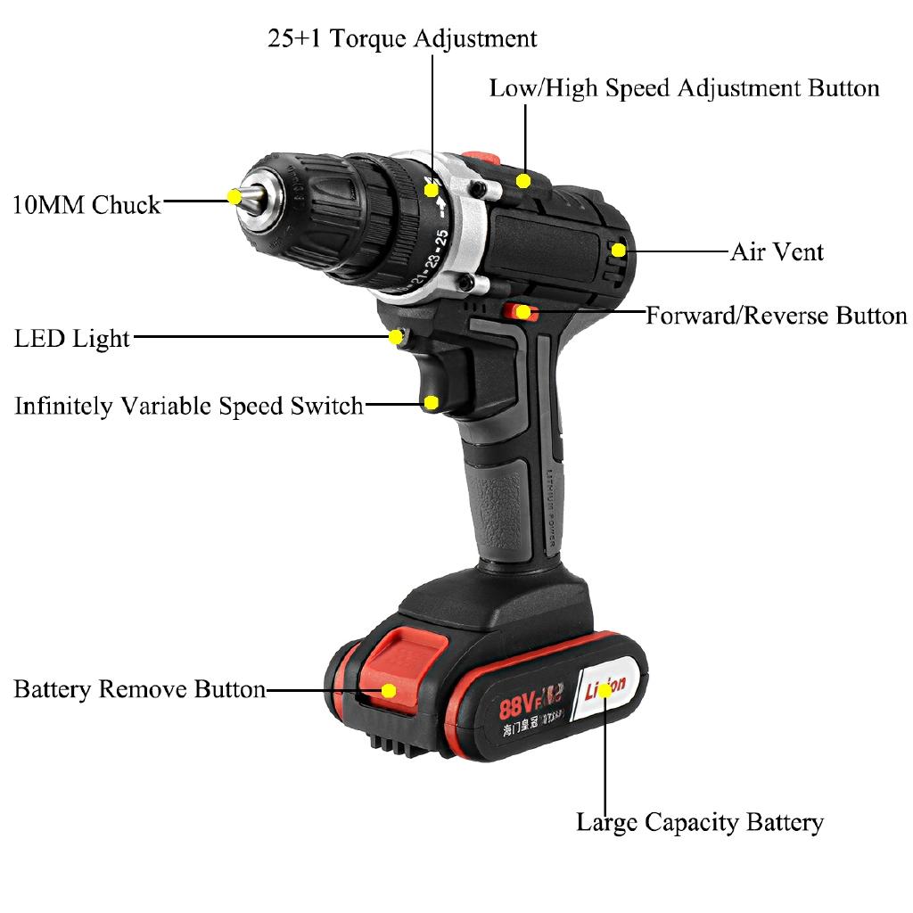 220V AC Cordless Drill 1 Batery Rechargeable 25 88VF +1 Torque With Screwdriver Bit