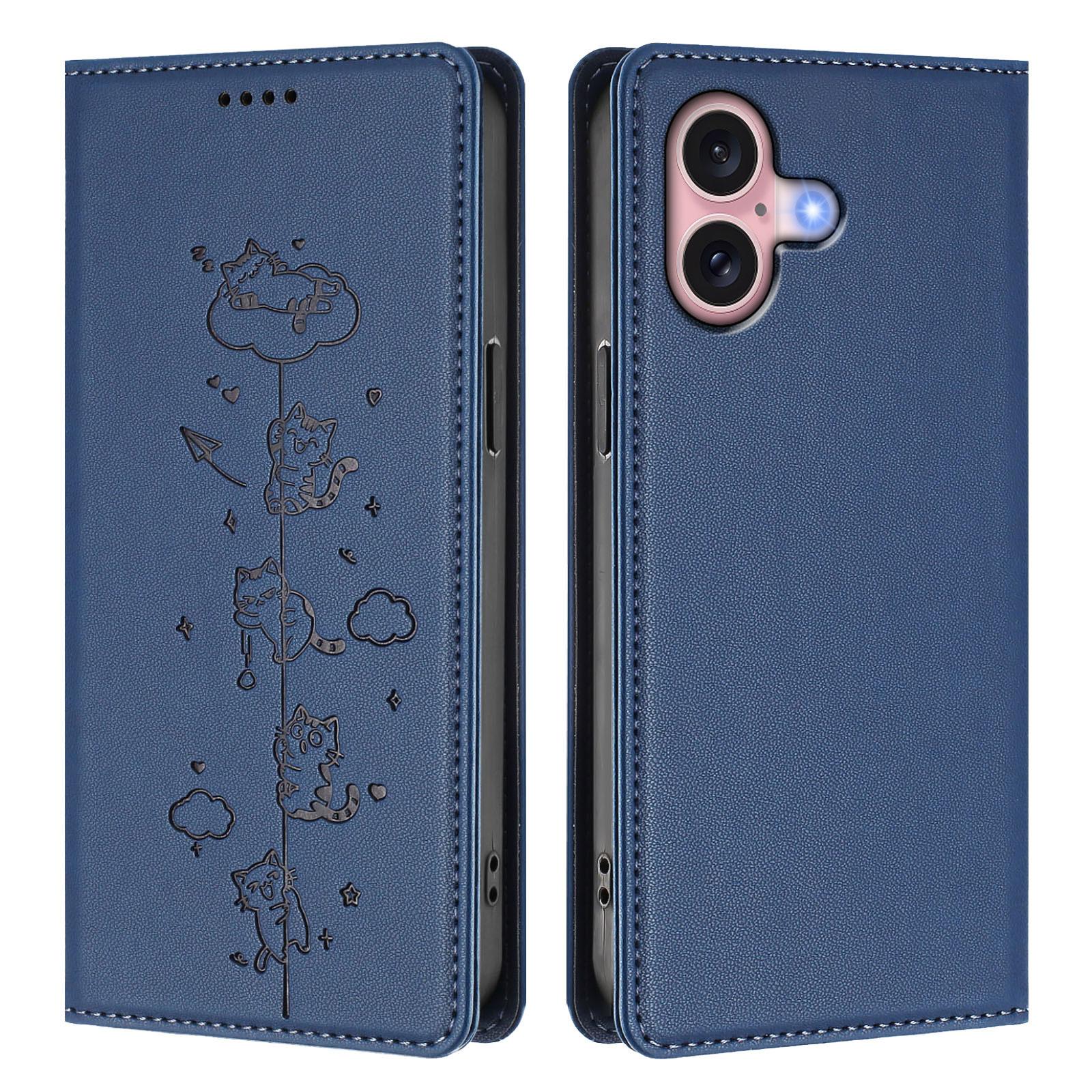 For iPhone 16 Case RFID Blocking Wallet Stand Imprinted Cat Pattern Leather Phone Cover