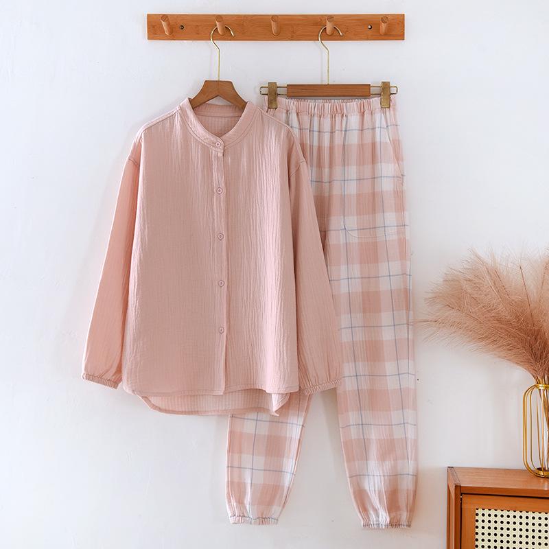 

Женский комплект длинной пижамы из двойной марли, 100% хлопок, тонкий жатый дизайн, домашняя одежда с длинным рукавом для осени и лета. L (Up to 140 Jin)