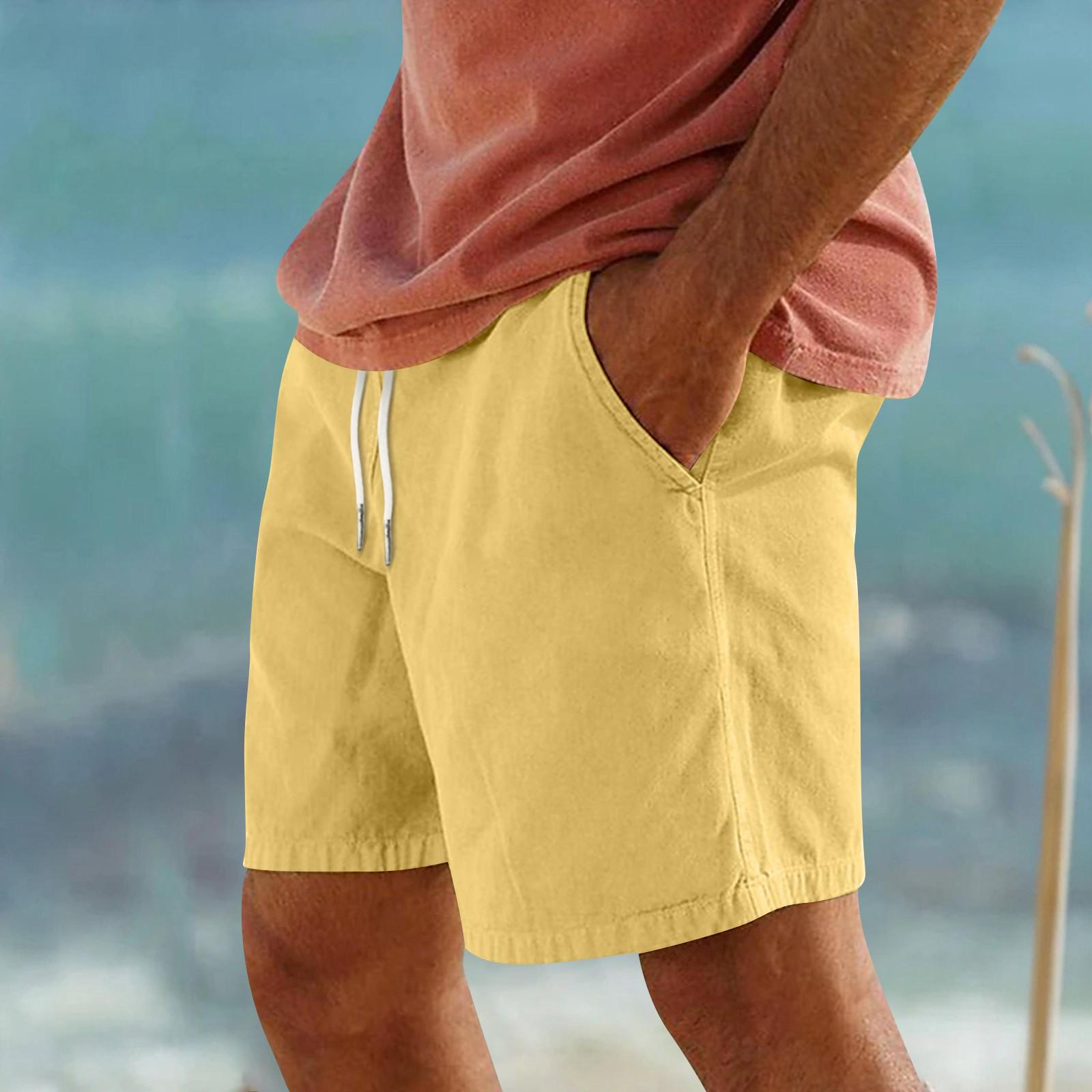 

Мужские спортивные хлопковые льняные повседневные свободные шорты Повседневные пижамы с карманами для бега Брюки XL жёлтый