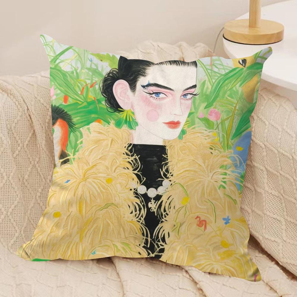 Fashion Illustration Cushion Cover Soft Plush Fabric Double-Sided Printed Sofa Cushion Cover for All Seasons Home Decor Gift