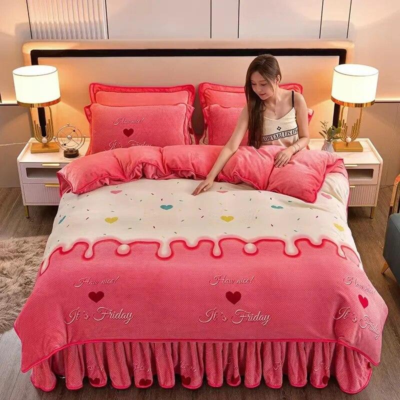 4pcs Bedding Set Fine Velvet Duvet Cover King Queen Size Thicken Quick Warm Coral Fleece Quilt Cover Bed Sheet Pillowcase