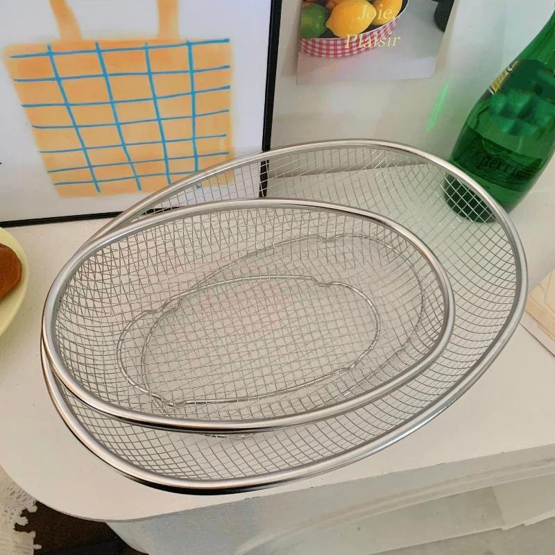 Stainless Steel Fruit And Vegetable Basket Oval Drainage Basket Mesh Frame Mesh Screen Kitchen Washing Basket Storage Basket