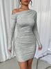 2025 European and American Fashion and Sexy Pleated Slim-fitting Long-sleeved Hip-wrapped Diagonal Neck Solid Color Dress Women's Clothing