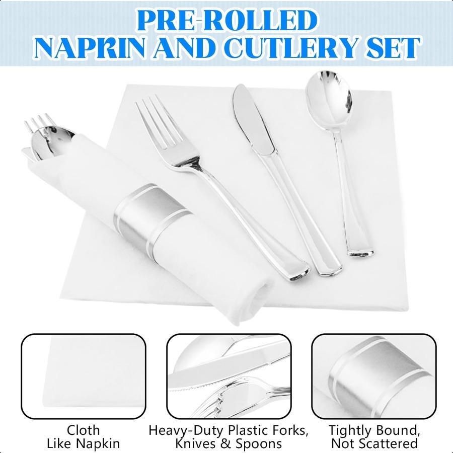 25 Pack Pre Rolled Silver Plastic Silverware Wrapped Cutlery Set Include Forks Spoons Knives and Napkins Disposable Heavy Duty