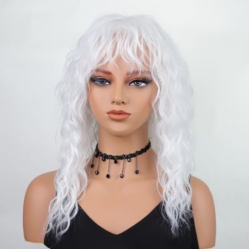 Grey Brown Blond Black White Wigs with Bangs Shoulder Length Curly Synthetic Wigs for Women Daily Cosplay Heat Resistant Fibre