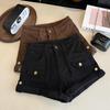 Autumn/Winter Plus Velvet High-Waisted Slimming A-Line Denim Shorts with Rolled Hem and Cargo Style