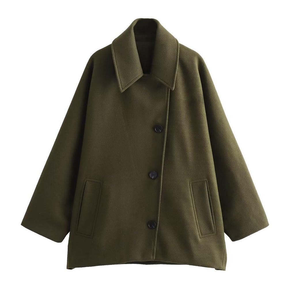Women's Oblique Button Loose Batwing Sleeve Jacket Coat Lapel Double Pocket Warm Solid Vintage Outerwear Fall Winter Coat