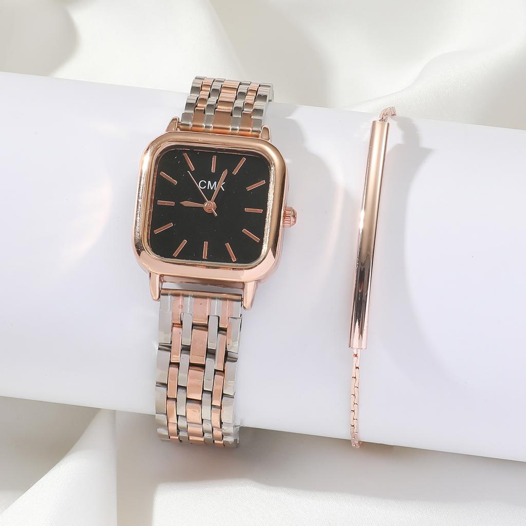2pcs Fashion Women Watches Casual Square Dial Business Quartz Wristwatches Steel Chain Reloj Mujer Girls Clock Gift Wholesale
